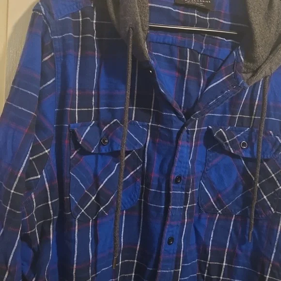No Boundaries Blue Plaid Flannel Hoodie Shirt 2 XL (50-52) - Picture 3 of 8